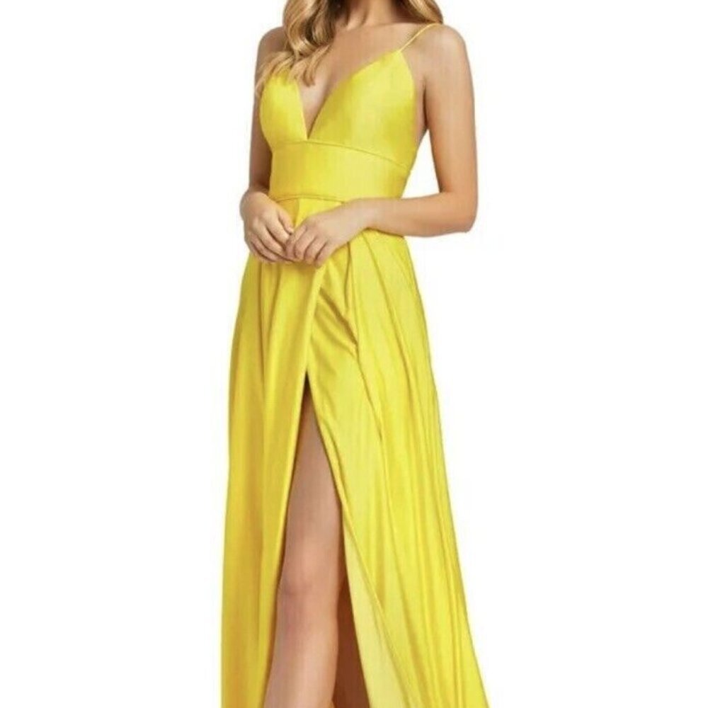 Ieena For Mac Duggal Sunshine Yellow V-Neck High Slit Sleeveless Gown